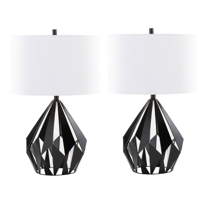 Pair of Lumi Source Geo Me Tri contemporary table lamps in matte black and white with geometric triangular shades.