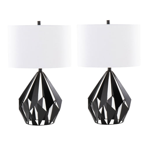 Pair of Lumi Source Geo Me Tri contemporary table lamps in matte black and white with geometric triangular shades.