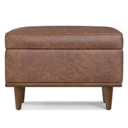 Small Shiloh storage ottoman by Simpli-Home, showing its cushioned top and spacious interior for versatile storage.