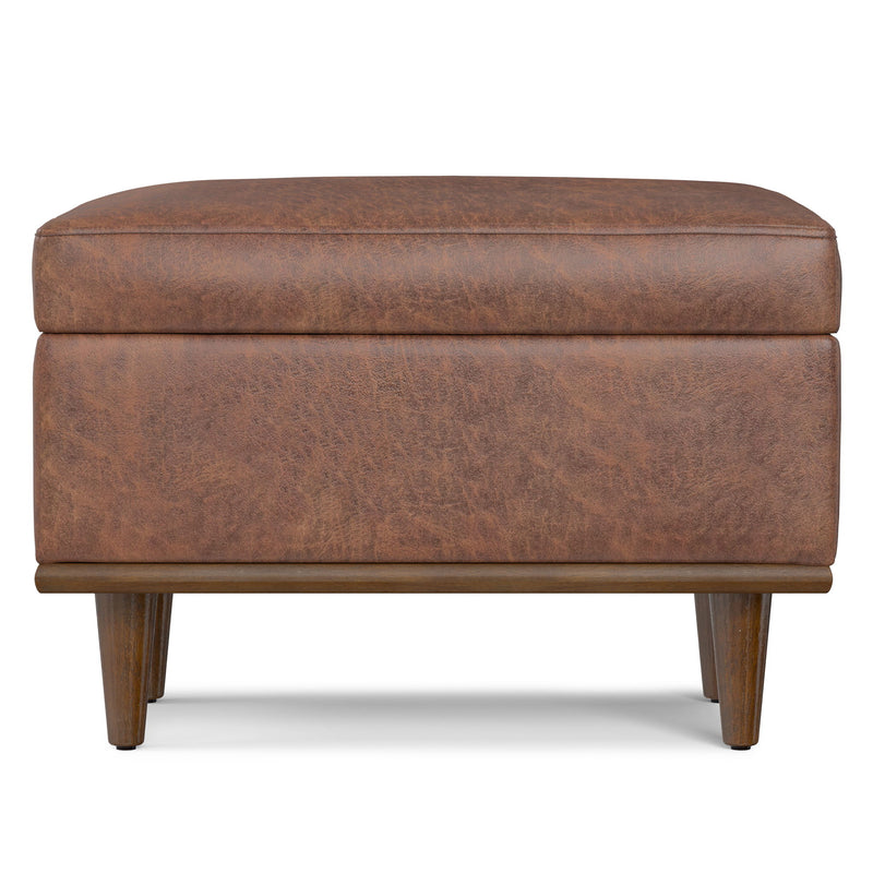Small Shiloh storage ottoman by Simpli-Home, showing its cushioned top and spacious interior for versatile storage.