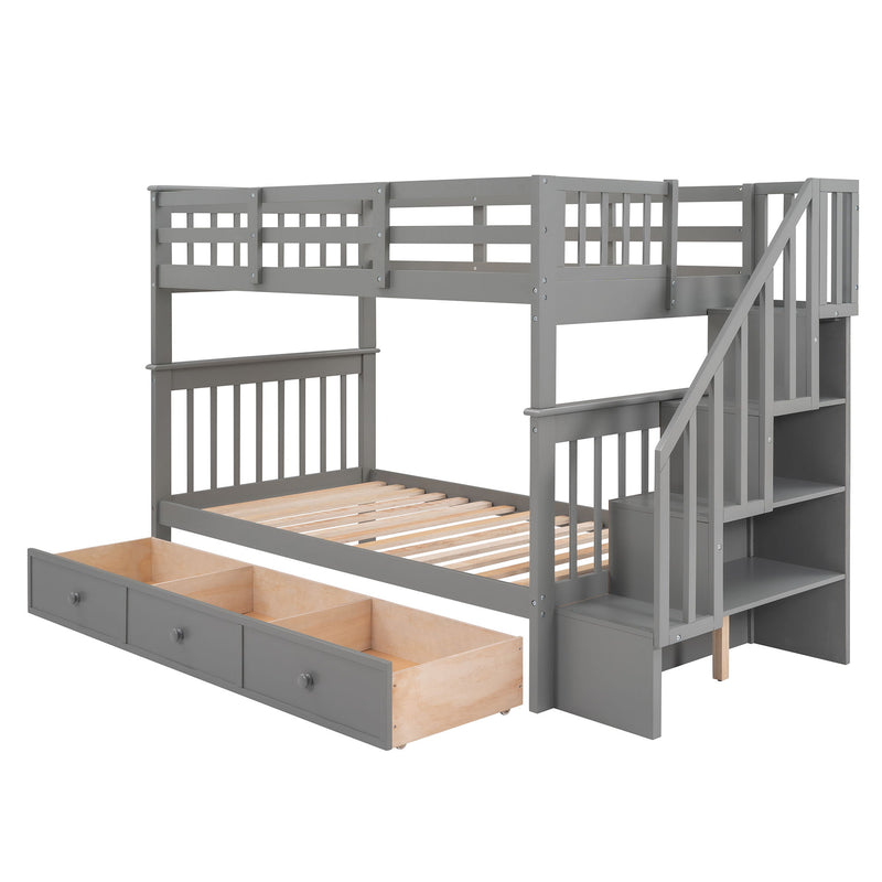 DreamHaus stairway bunk bed with integrated storage, guard rails, and sturdy wooden frame for kids' bedroom.