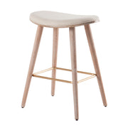 Pair of contemporary Lumi Source counter stools with saddle-shaped seats and metal legs, stylish and modern for kitchen or bar area.