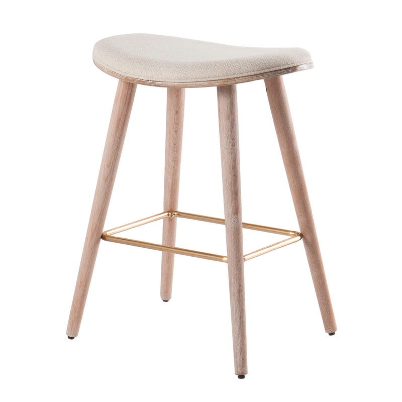 Pair of contemporary Lumi Source counter stools with saddle-shaped seats and metal legs, stylish and modern for kitchen or bar area.