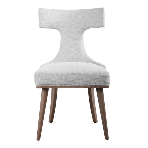 Pair of white Uttermost Klismos accent chairs with curved wooden legs and elegant design, set of two for stylish seating.
