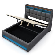 Artistry At Home upholstered platform bed with hydraulic storage, LED lighting, and USB charging ports, shown without mattress.