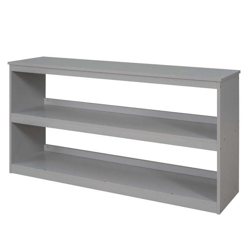 DreamHaus loft low study bed with built-in cabinet, shelves, and rolling desk, offering versatile sleeping and workspace options