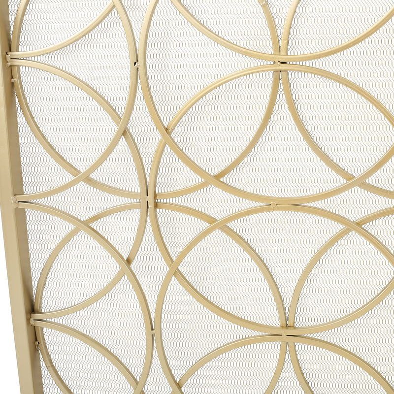 Noble House Thayer single panel iron fireplace screen with geometric design, decorative metalwork for protecting fireplace area