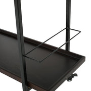 Modern industrial Noble House bar cart with shelving, casters, and a sleek design for stylish beverage storage and serving.