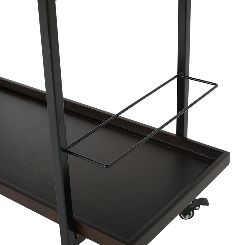 Modern industrial Noble House bar cart with shelving, casters, and a sleek design for stylish beverage storage and serving.