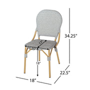 Set of two Noble House outdoor rattan and aluminum armless French bistro chairs in dark gray, perfect for patio or balcony seating.
