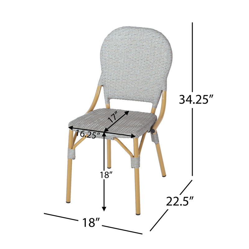 Set of two Noble House outdoor rattan and aluminum armless French bistro chairs in dark gray, perfect for patio or balcony seating.