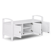 Handcrafted Warm Shaker Storage Bench by Simpli-Home with a wooden finish, featuring a cushioned seat and built-in storage.