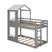 DreamHaus wooden bunk bed with roof, window, guardrail, and ladder, ideal for kids' bedroom with cozy, functional design.