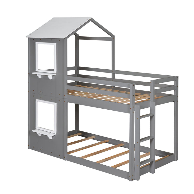DreamHaus wooden bunk bed with roof, window, guardrail, and ladder, ideal for kids' bedroom with cozy, functional design.