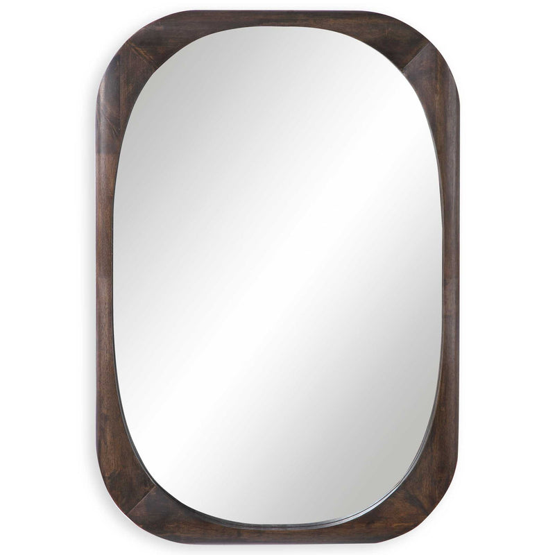 Dark brown Sheldon mid-century wall mirror by Uttermost with a sleek, modern frame hanging on a wall.