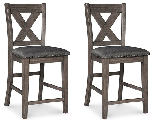Set of two gray upholstered barstools from Signature Design by Ashley®, featuring padded seats and modern design.