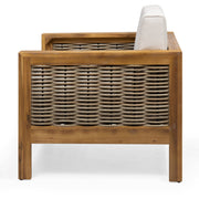 Outdoor 4 seater acacia wood chat set with wicker accents and beige cushions, ideal for patio and garden relaxation.