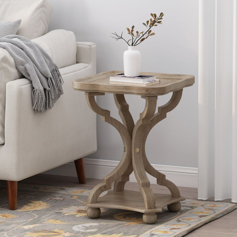 Noble House French Country accent table with hourglass design in natural finish, featuring elegant curved legs and a round tabletop.