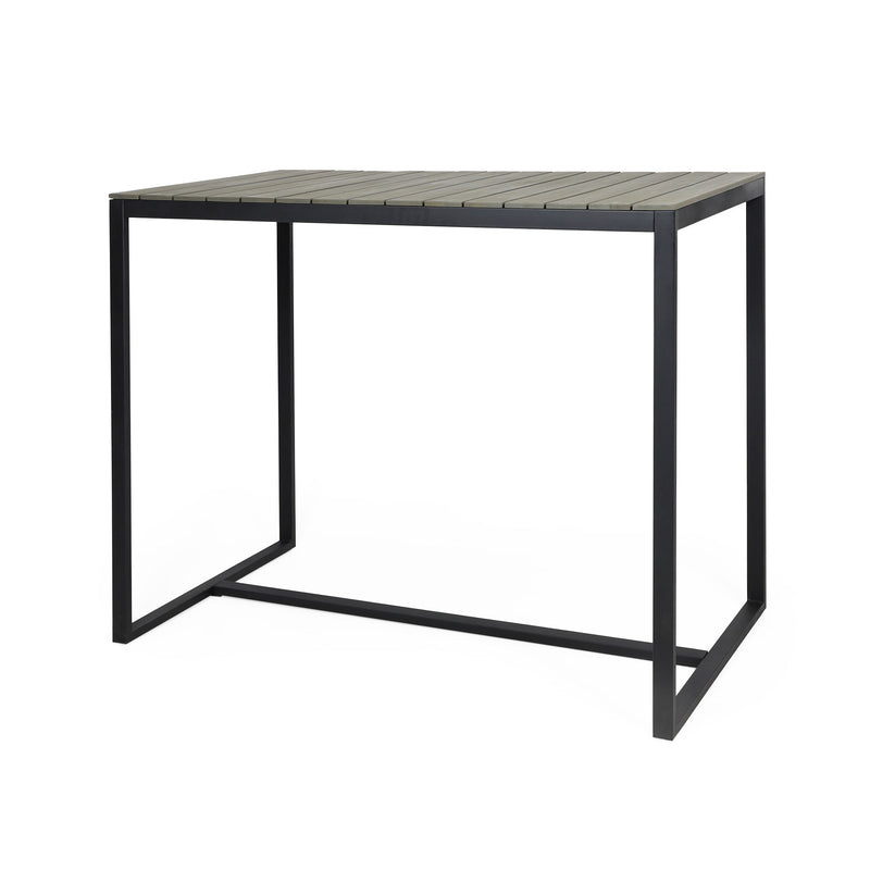 Noble House Ernesto outdoor industrial acacia wood bar table with sturdy legs and rustic finish, ideal for outdoor bar areas.