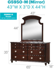 Elegant traditional dresser by Glory Furniture featuring detailed woodwork and spacious drawers for classic bedroom storage.