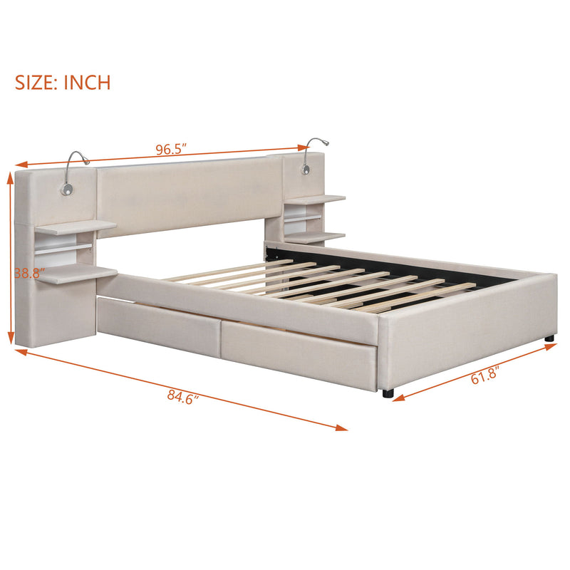 Upholstered Platform Bed With Reading Lights, Drawers, Trundle And Shelves - R&R Furniture Gallery (Fountain Valley, CA)