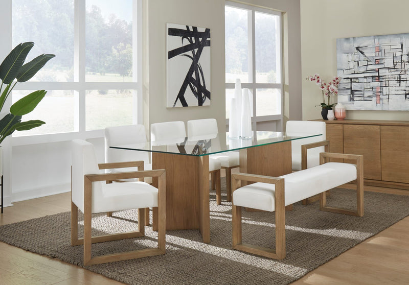 One Modern Coastal Sled Leg Upholstered Dining Bench in White Pearl and Bisque