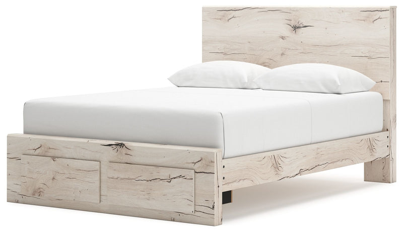 Signature Design by Ashley Lawroy panel bed with built-in storage, showcasing a modern wood finish and spacious under-bed compartments.