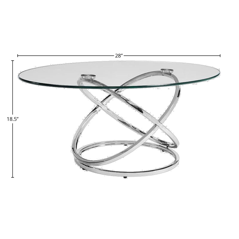Chrome cocktail table set by Bernards Furniture, featuring sleek round tables with reflective chrome finish and modern design.