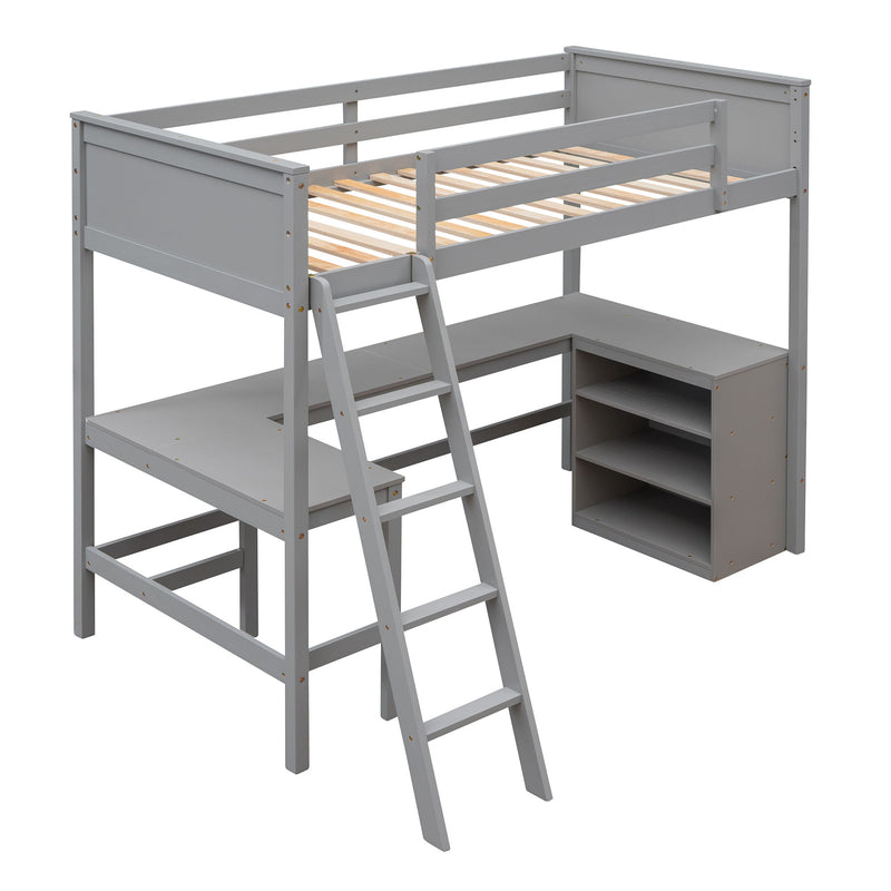 DreamHaus loft bed with integrated shelves and desk, featuring a sturdy wooden frame and space-saving design for bedrooms.