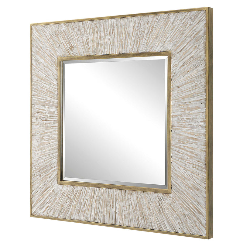 Uttermost Wharton square gold accent mirror with a sleek, modern frame, hanging on a wall in a contemporary setting.