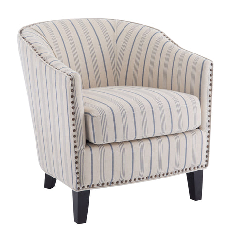 Transitional Upholstered Stripe Barrel Chair With Birch Wood Legs And Plush Cushioned Seat - Beige / Blue Stripe - R&R Furniture Gallery (Fountain Valley, CA)