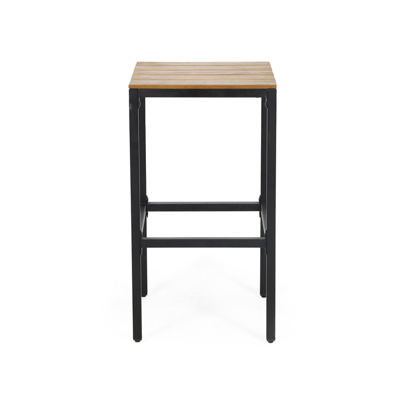 Set of two Noble House outdoor bar stools with slat design and sturdy metal frames, ideal for patio or outdoor bar seating.