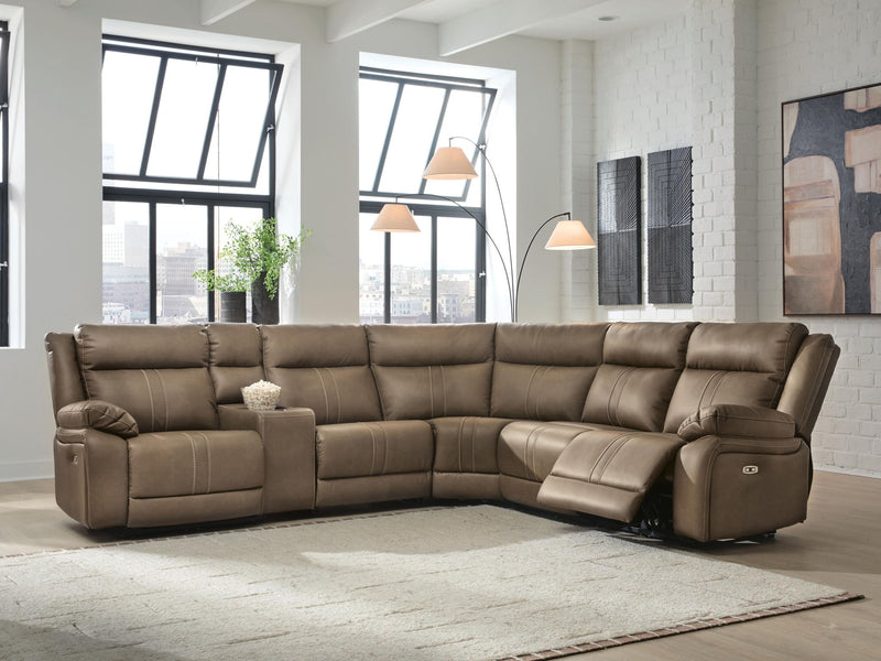 Signature Design by Ashley Max-Momentum reclining sectional with plush cushions and wide chaise lounge in a modern fabric.