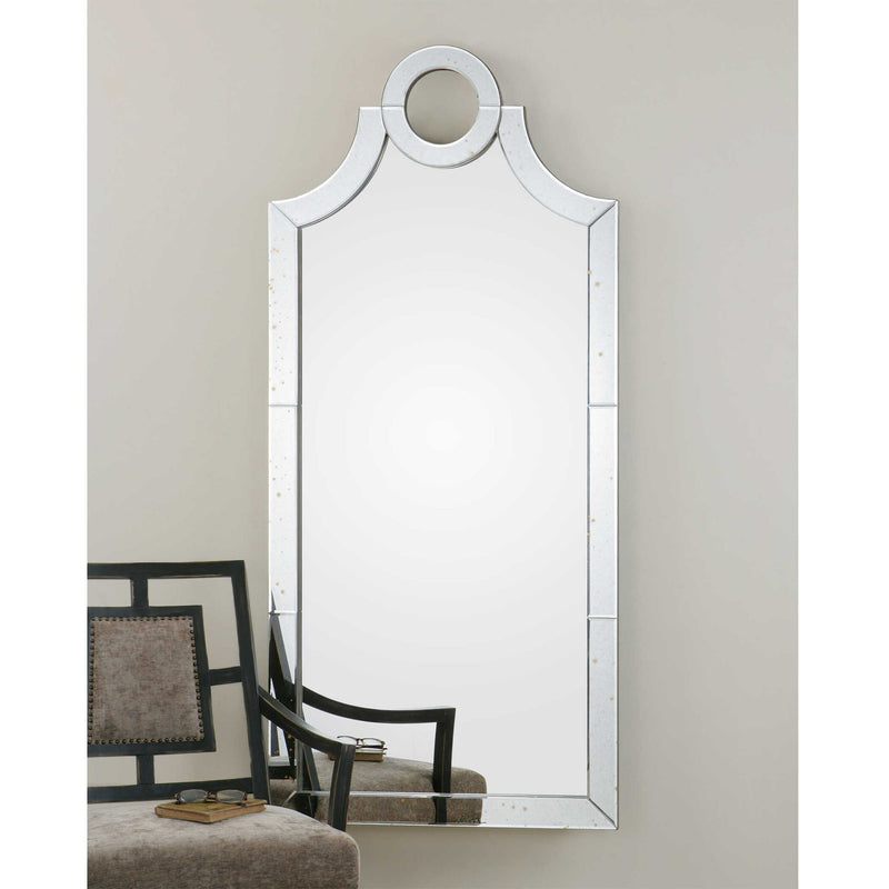 Uttermost Acacius Pearl Silver arched wall mirror with elegant frame, showcasing a stylish and sophisticated decorative mirror design.
