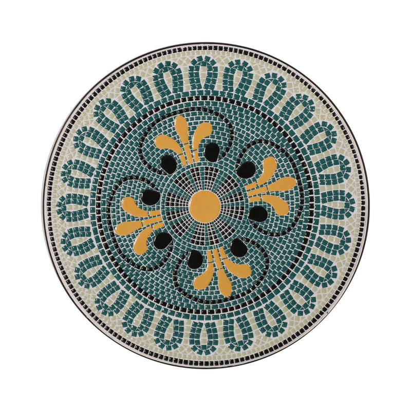 Black outdoor side table with tile mosaic tabletop by Noble House, featuring a sturdy design and vibrant mosaic pattern.