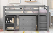 DreamHaus Loft Low Study Bed with cabinet, shelves, and rolling desk, showcasing a multi-functional bedroom furniture setup.