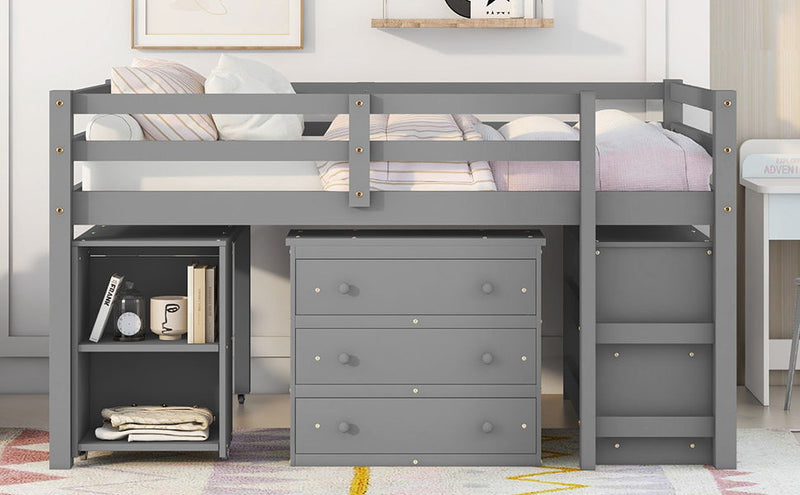 DreamHaus Loft Low Study Bed with cabinet, shelves, and rolling desk, showcasing a multi-functional bedroom furniture setup.
