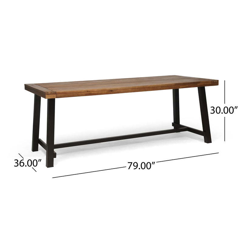 Noble House Equilibrium outdoor dining table with wooden frame and slat top for patio or garden dining spaces.