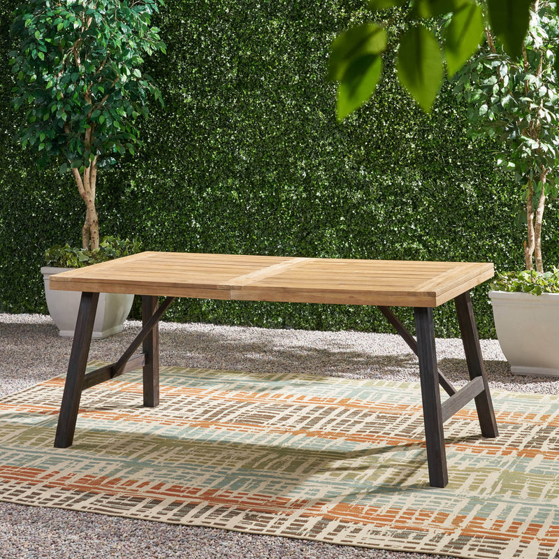 Outdoor Weather Resistant Dining Table With Slat Panel Design - Natural / Gray