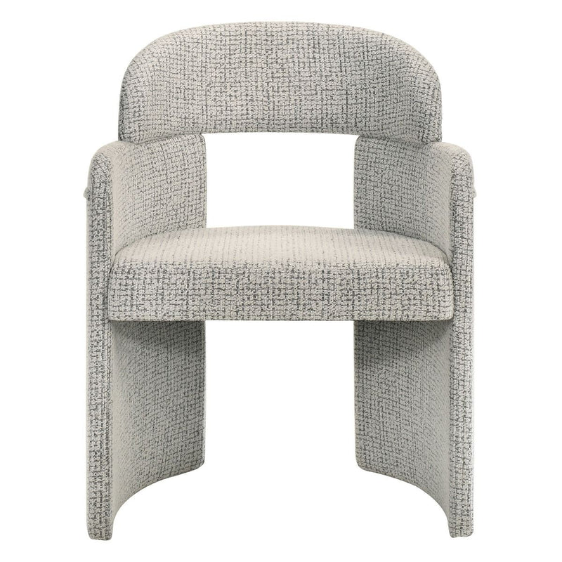 Set of two ACME Kyree arm chairs with plush chenille upholstery and walnut wood legs, featuring a modern, comfortable design.