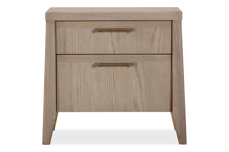 Sumire Two Drawer Ash Wood Nightstand in Ginger by Modus, showcasing sleek design and natural wood finish with two spacious drawers.