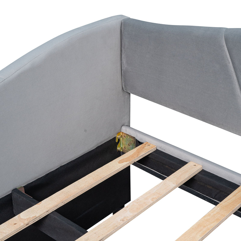 DreamHaus upholstered daybed sofa bed with wood slat frame and pull-out trundle bed, showcasing a modern and cozy design.