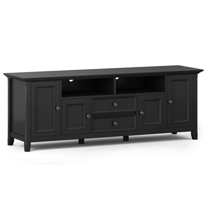 Simpli-Home Amherst wide TV media stand with open shelves and storage compartments for entertainment devices and accessories.