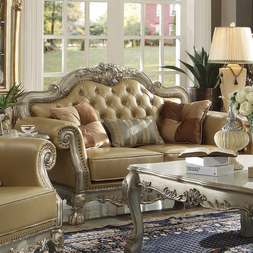 Dresden - Loveseat With 3 Pillows - Bone Synthetic Leather & Gold Patina - R&R Furniture Gallery (Fountain Valley, CA)