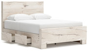 Signature Design by Ashley Lawroy storage panel bed with built-in drawers and modern wood finish, shown in a cozy bedroom setting.