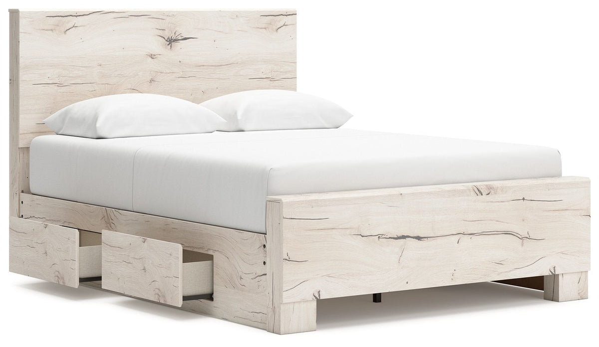 Signature Design by Ashley Lawroy storage panel bed with built-in drawers and modern wood finish, shown in a cozy bedroom setting.