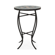 Black Noble House outdoor side table with a colorful tile mosaic tabletop, perfect for patio or garden decor.