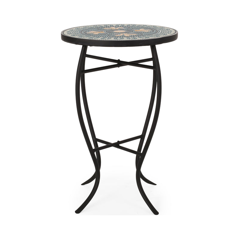 Black Noble House outdoor side table with a colorful tile mosaic tabletop, perfect for patio or garden decor.