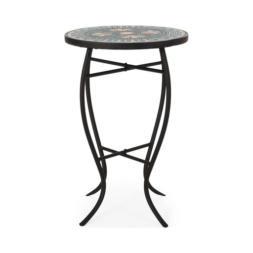 Black Noble House outdoor side table with a colorful tile mosaic tabletop, perfect for patio or garden decor.