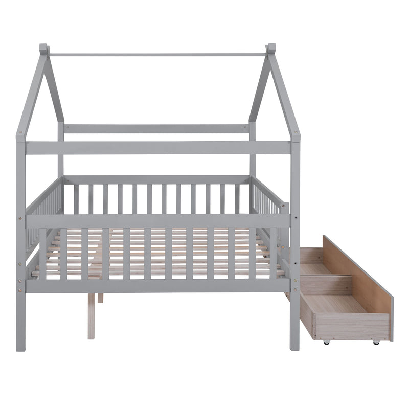 DreamHaus house bed with built-in storage drawers, featuring a cozy design and a sturdy wooden frame for kids' bedrooms.